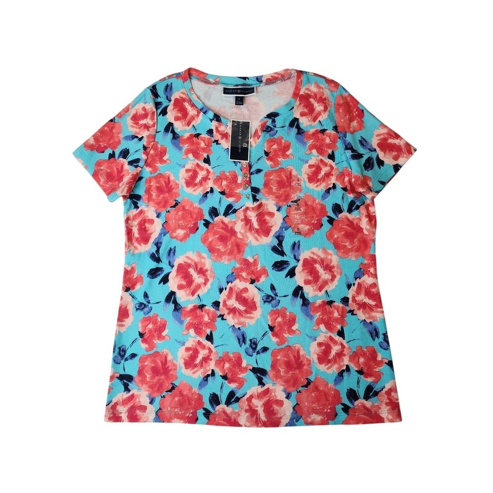 Karen Scott Floral Henley Tee Small Aqua Oasis Cottagecore Garden Casual NEW